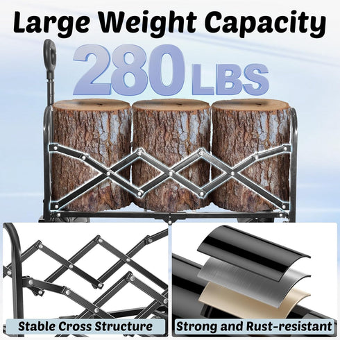 280 Lbs Wagons Carts Foldable, with Adjustable Handle, Black Lightweight Portable, Collapsible Wagon for Beach Trip