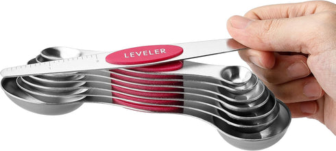 Spring Chef Pink Stainless Steel Magnetic Measuring Spoons Set of 8 with Leveler for Baking and Cooking Ingredients