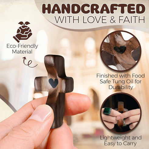 20Pcs Cross My Heart,Wooden Cross,Encouragement Gift Stress Relief Cross,Prayer Cross for Hand,Pocket Cross Christian