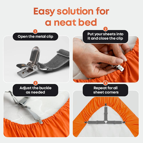 5 STARS UNITED Bed Sheet Straps Set | Adjustable Elastic Fasteners with Metal Clips | Easy to Use Sheet Holders for