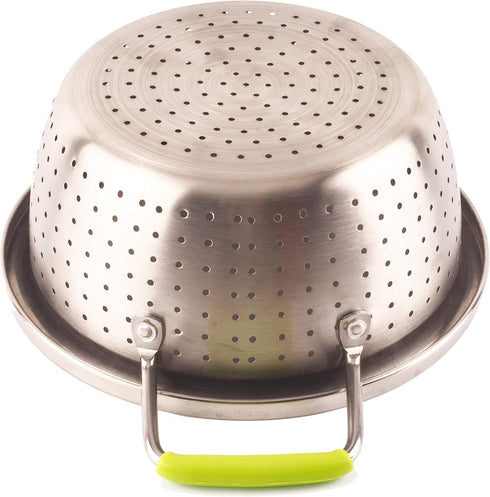 Stainless Steel Deep Colander, 2.5 Quart Micro-perforated Food Strainer with Green Silicone Handles for Draining Pasta
