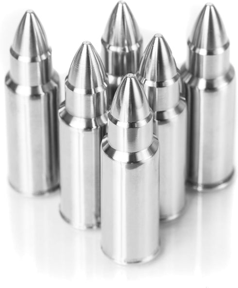 Bullet Whiskey Chillers Stones, Set of 6 Stainless Steel Bullet Shaped Ice Cubes, Gift Box, Tongs, Storage Bag