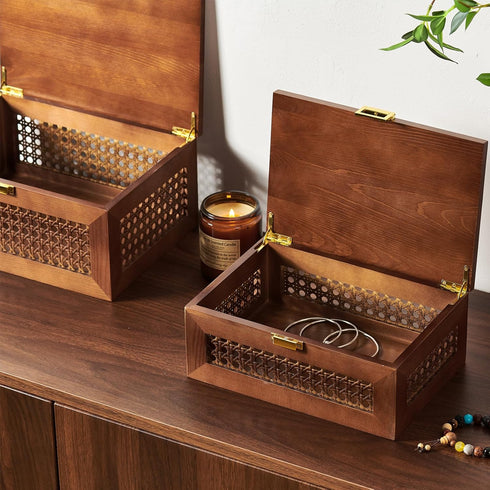 Decorative Rattan Storage Boxes: Solid Wood Woven Baskets with Lid, Keepsake Memory Jewelry Box, Natural Boho Organizer