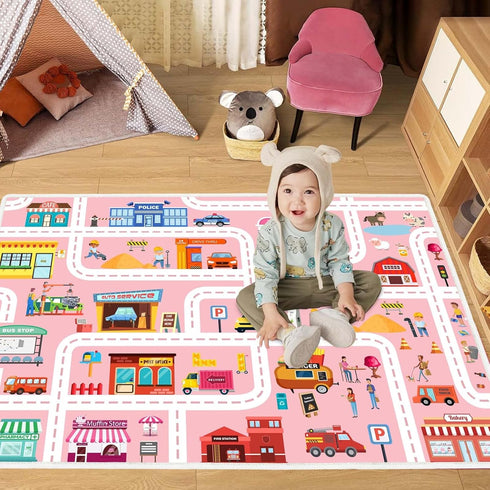 31x47in Car Play Mat Kid Playroom Rug Non Slip Road Rugs for Kids Toy Cars with Non-Slip Backing Low Pile Car Mat