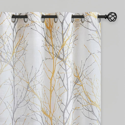 FMFUNCTEX Linen Semi Sheer Curtains for Bedroom, 84 Inches Long Yellow White Drapes with Grey Tree Branch Print