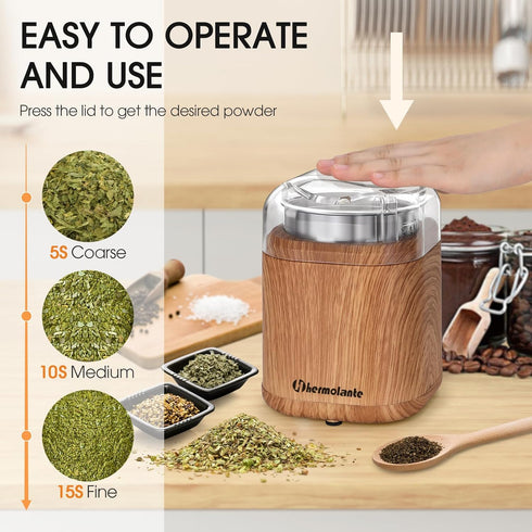 Herb Grinder Electric Spice Grinder, 200 w Herb Grinder with Stainless Steel Blade and Cleaning Brush, Compact Size Electric Grinder for Herbs and Spices - 5.11in (Wood Grain) by Hermolante