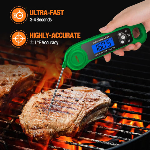 Digital Meat Thermometer for Grilling, Candy Thermometer Instant Read Food Thermometer Waterproof with Backlight for Cooking, Deep Fry, BBQ, Grill, Smoker and Roast (Green) by AMMZO