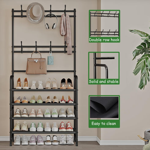 8 Closet 4 Coat Rack Shoe Rack With Storage Shelf Freestanding with Hooks for Entryway Bedroom Tier, Black