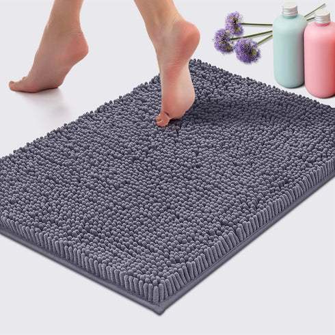 LuxUrux Bath Mat, Extra-Soft Plush Non-Slip Bathroom Rug, 17 x 24 inches, Dark Gray Chenille Microfiber