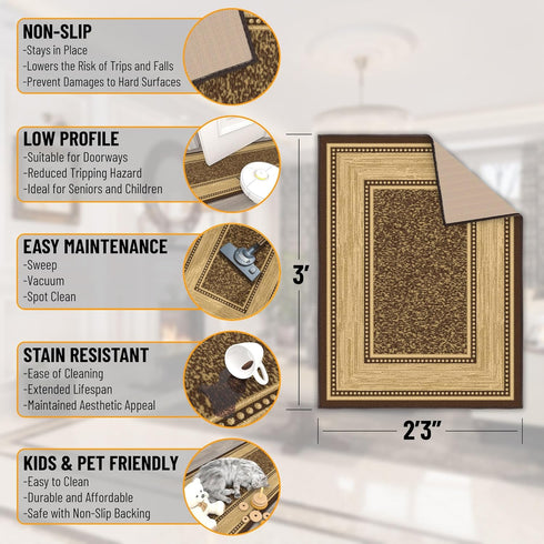 Ottomanson Non-Slip Border Rugs for Entryway, 2'3" x 3', Durable Stain Resistant Entrance Mat for Bathroom