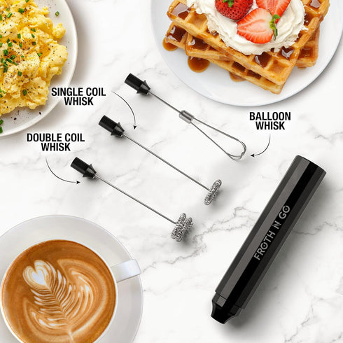 Zulay Froth N Go Milk Frother, Rechargeable 3-in-1 Wand with Case & USB-C Charger, 3 Whisk Attachments for Lattes