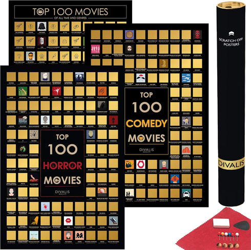 3 in 1 Gift Set - Top 100 Scratch Off Movies, Horrors, Comedy Posters Bundle - Essential Cinema Checklist