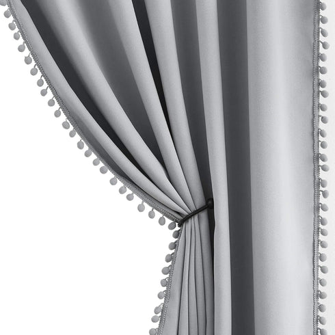Treatmentex Pom-Pom Grey Blackout Curtains, 45 inches Short Window Curtain Panel Set for Kids, Laundry Basement Drapes,