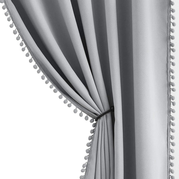 Treatmentex Pom-Pom Grey Blackout Curtains, 45 inches Short Window Curtain Panel Set for Kids, Laundry Basement Drapes,