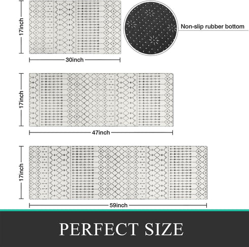 Set 3,Moroccan Boho Kitchen Rugs of Modern Farmhouse Kitchen Mats for Floor,Geometric Pattern Non-Slip Washable Sink