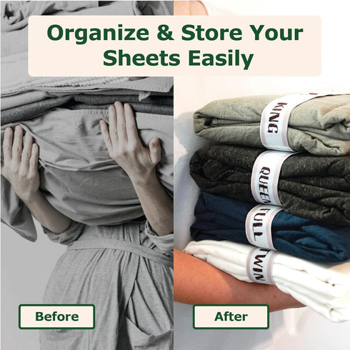 ECOHomes Bed Sheet Organizer and Storage Size Label Bands | Bed Sheets Set Organizers for Linen Closet Organization - Elastic Bedding Band Labels for Organizing Bedsheet (Queen 4PCs Pack | Cream)