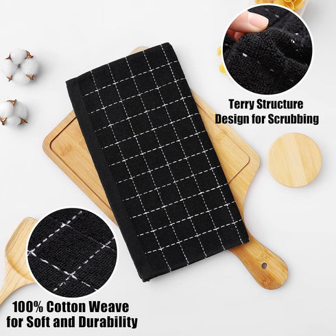 Homaxy 100% Cotton Terry Kitchen Dish Cloths, Ultra Soft and Absorbent, 6 Pack, 12 x 12 Inches, Black