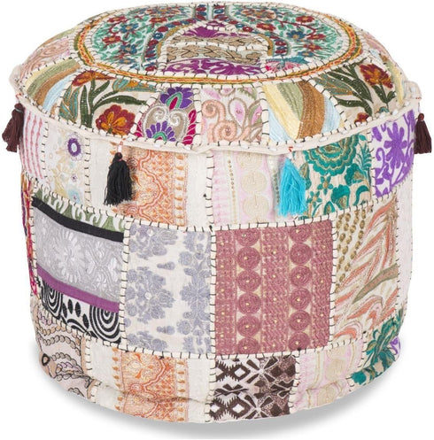 18x13) Aakriti Gallery Indian Pouf Footstool Ethnic Embroidered Pouf Cover, Indian Cotton Round Pouffe Ottoman Pouf