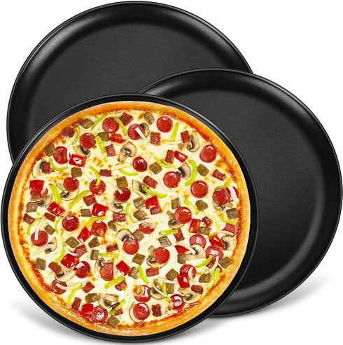 P&P CHEF 13½ Inch Pizza Pan Set, 3 Pack Nonstick Round Pizza Trays for Oven Baking, Stainless Steel Core, Black