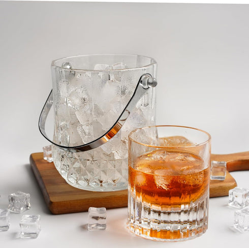 Glass Ice Bucket with Handle and Ice Tong - Clear Crystal Ice Buckets for Cocktail Bar, Wine Home Bar Accessories