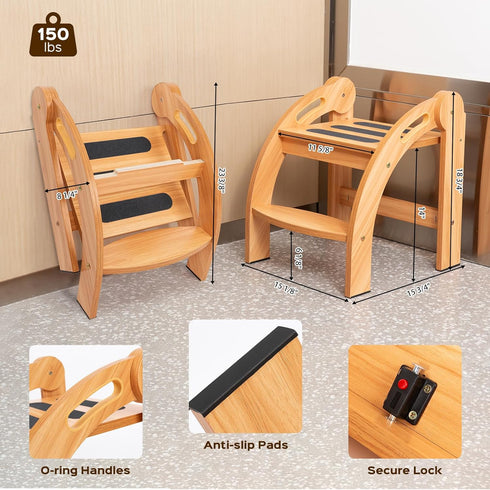 12-Inch StrongTek Kids Step Stool with Handrails, Foldable Safety Stool, Wide Non-Slip Surface, Wooden Step Ladder