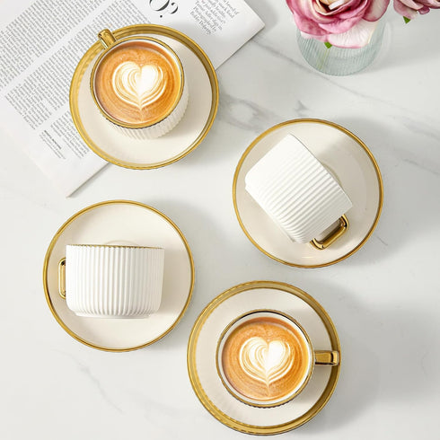 8oz Set, Set 4, LETAOTAO Cappuccino Cups with Saucers, Ceramic Coffee Cups with Saucers Latte Art Coffee Mugs with Gold