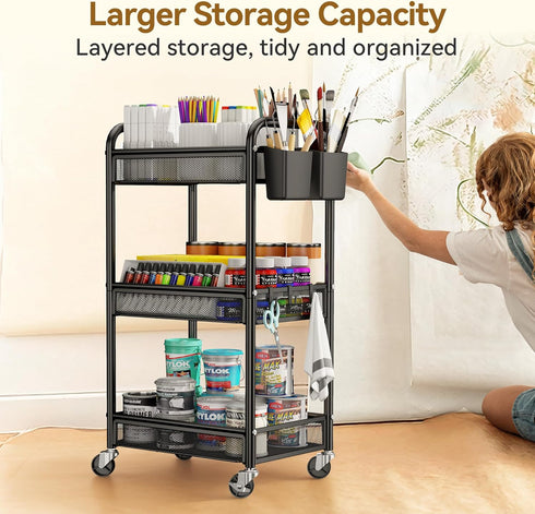 3 YASONIC Tier Rolling Cart Metal Utility Storage Carts with Wheels, Craft Cart Organizer with Hanging Cups, Hooks