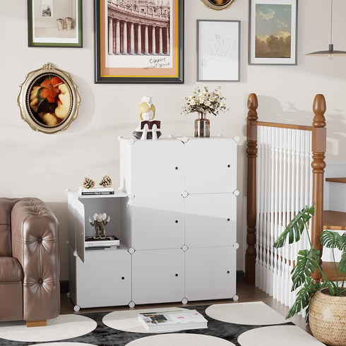 C&AHOME 8-Cube Storage Organizer with Doors, DIY Plastic Modular Bookshelf, 24.8" L × 12.4" W × 48.4" H, Milky