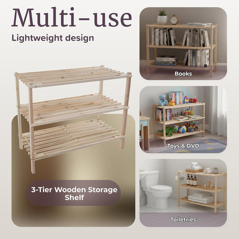 3-Tier Closet, 9 Shoe Storage Rack - Wood Shoe Organizer for Bathroom, Entryway - Footwear Shelf Holds Pairs Sneakers