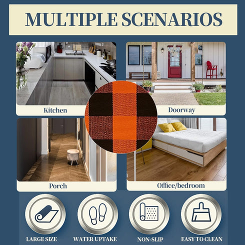 SEEKSEE Cotton Buffalo Plaid Rug 27.5"x43", Orange and Black Checked, Washable Doormat for Indoor/Outdoor