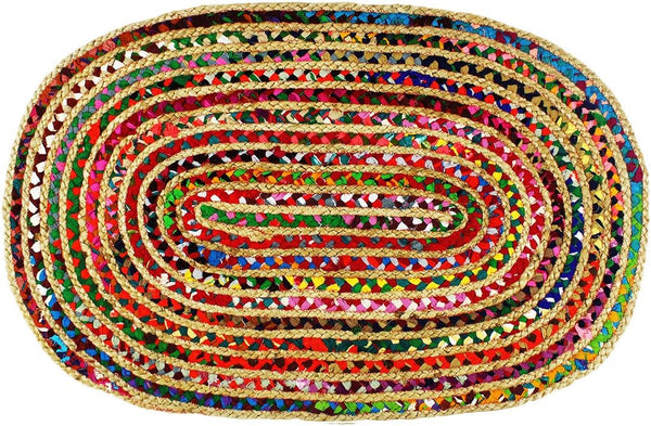 COTTON CRAFT Jute Chindi Braid Rag Rug, 2' x 3' Oval, Multi Color, Handwoven Reversible Natural Recycled Cotton