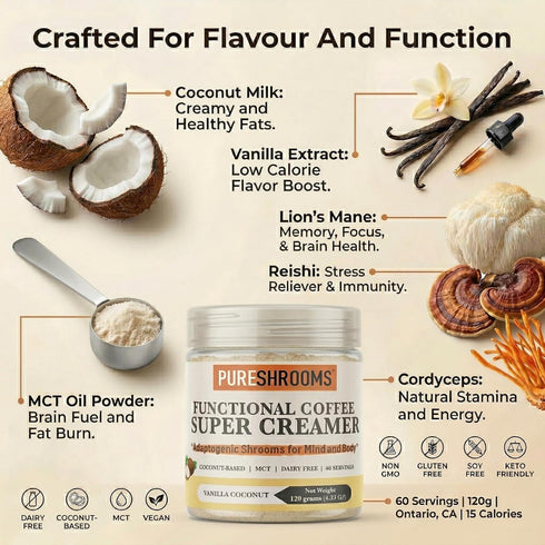 120g 4.2 oz) Functional Coffee Super Creamer - Vanilla - Coconut Milk Powder, MCT, Organic Lions Mane, Reishi