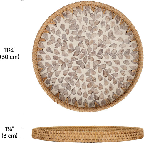 Counter, StorageWorks Decorative Coffee Table Trays for Home Decor, Round Rattan Tray with Mother of Pearl Inlay, Small