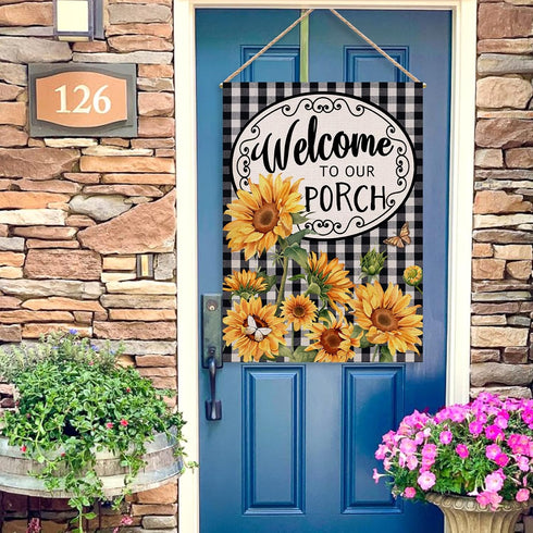 Welcome to Our Porch Spring Summer Sunflower House Flag, Black White Buffalo Plaid Check Yard Decoration, 28 x 40