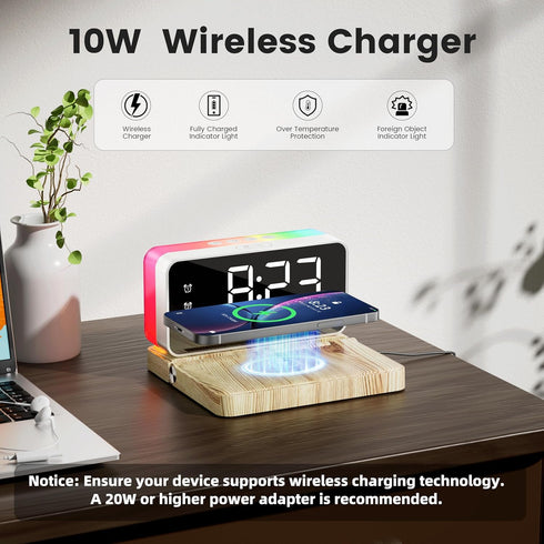 5 1 10W Bedroom Alarm Clock for Heavy Sleepers - in Magnetic Wireless Charger with White Noise Bluetooth Speaker RGB