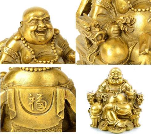 Fengshui Buddha Statue for Lucky & Happiness, God of Wealth Laughing Buddha on Dragon Chair, Brass Home Decor