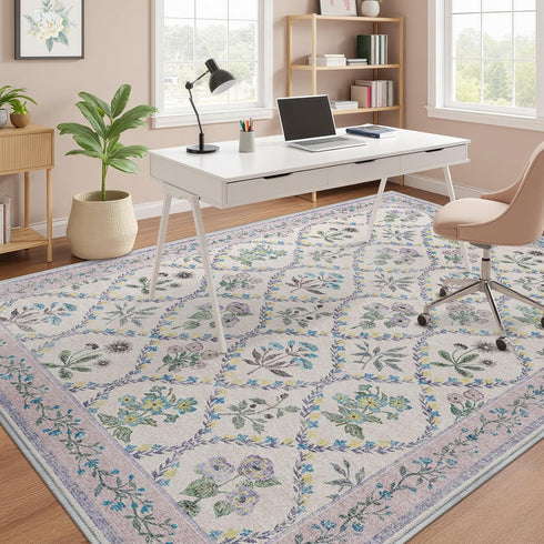 5x7 Purple Rug for Girls Room, Washable Boho Floral Area Rugs for Living Room, Cute Ultra-Thin Non Slip Indoor Girls