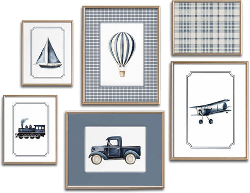 6Pcs Vintage Transportation Nursery Wall Art Navy Blue Hot Air Balloon Biplane