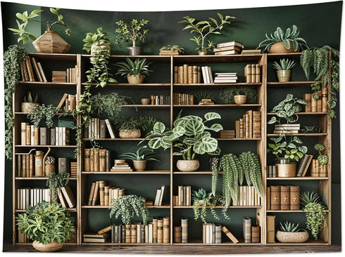 51L 59W Inches HVEST Green Plant Bookshelf Tapestry Book on Bookshelf and Plant Potted Tapestry Wall Hanging Reading