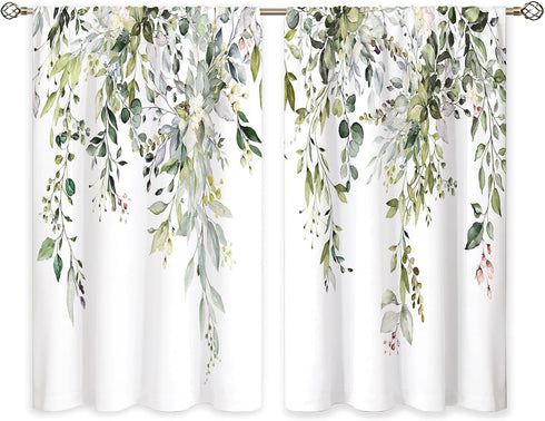 Sage Green Eucalyptus Botanical Leaves Floral Kitchen Window Curtains, 26x36 inch, Short Cafe Drapes for Bathroom