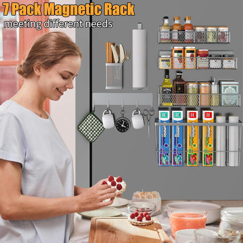 Magnetic Spice Rack for Refrigerator, 7 Pack Metal Magnetic Shelf, Moveable Storage Organizer, Spice Organizer, Hook