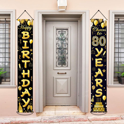 80th Birthday Party Banner Decorations for Women Men, Black Gold Cheers to 80 Years Birthday Supplies
