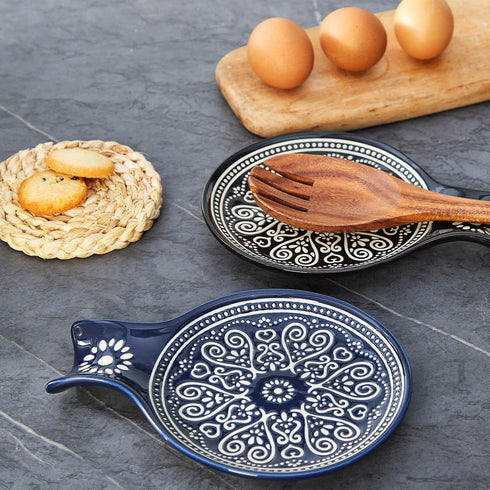 Large Ceramic Spoon Rest, Modern Farmhouse Cooking Spoon Holder for Kitchen Counter/Stove Top/Dining Table (Blue)