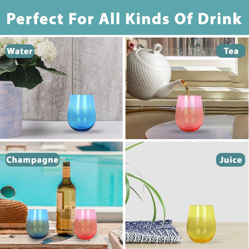 Lily's Home Unbreakable Acrylic Stemless Wine Glasses & Water Tumblers, Shatterproof Plastic, Reusable, Mixed Colors,