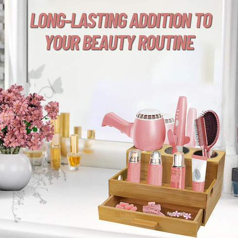Hair Tool Storage Organizer - Bamboo Hair Organizer for Bathroom, Kitchen, and Makeup, Perfect for Blow Dryer &