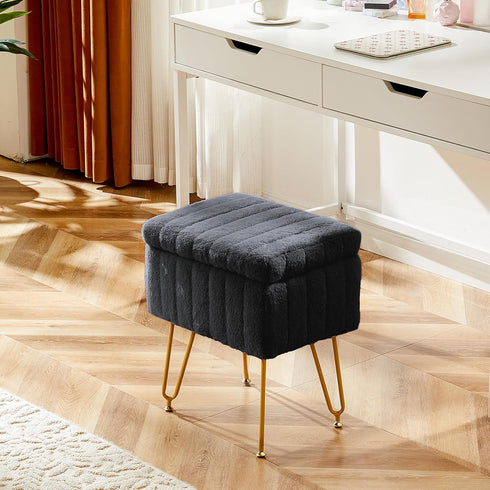 4 DUMOS Vanity Stool Chair, Ottoman with Storage, Makeup Cute Soft Small Footstool, Modern Style Faux Fur Seat