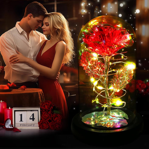 Childom Birthday Gifts for Women, Light Up Rose in Glass Dome, Colorful Red Flowers for Christmas, Anniversary, Birthday