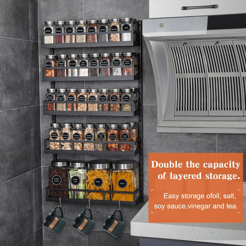 X-cosrack 5 Wall Mount Spice Rack Organizer Tier Height-Adjustable Hanging Spice Shelf Storage for Kitchen Pantry