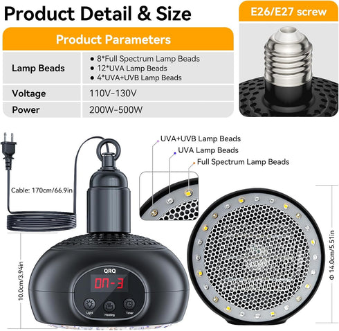 QRQ 200W-350W-500W Dimmable 3-6-9-12H Chicken Coop Heater, Reptile Heat Lamp with UVA UVB Light Timer, Chicken House