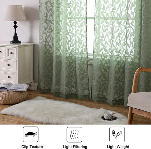 Leia 72 Inch Sheer Curtains Sage Green Panels Set of 2, Double Rod Pocket Window Living Room Curtain with Leaves, Light